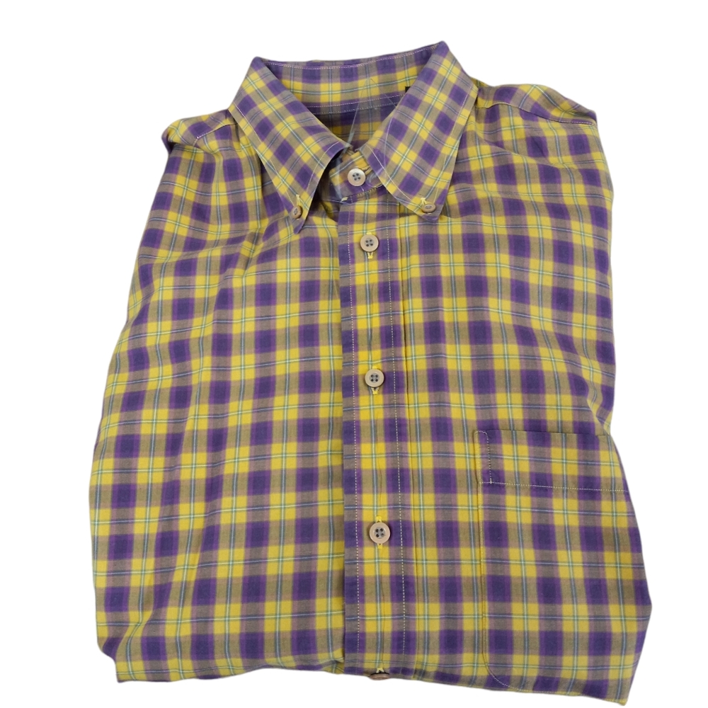 Kenneth Gordon Men’s M Long Sleeve Button Up Shirt Cotton Purple Gold Plaid